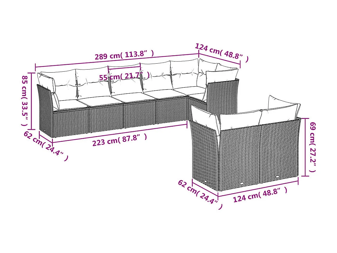 8 pcs conjunto sofás de jardim c/ almofadões vime PE castanho