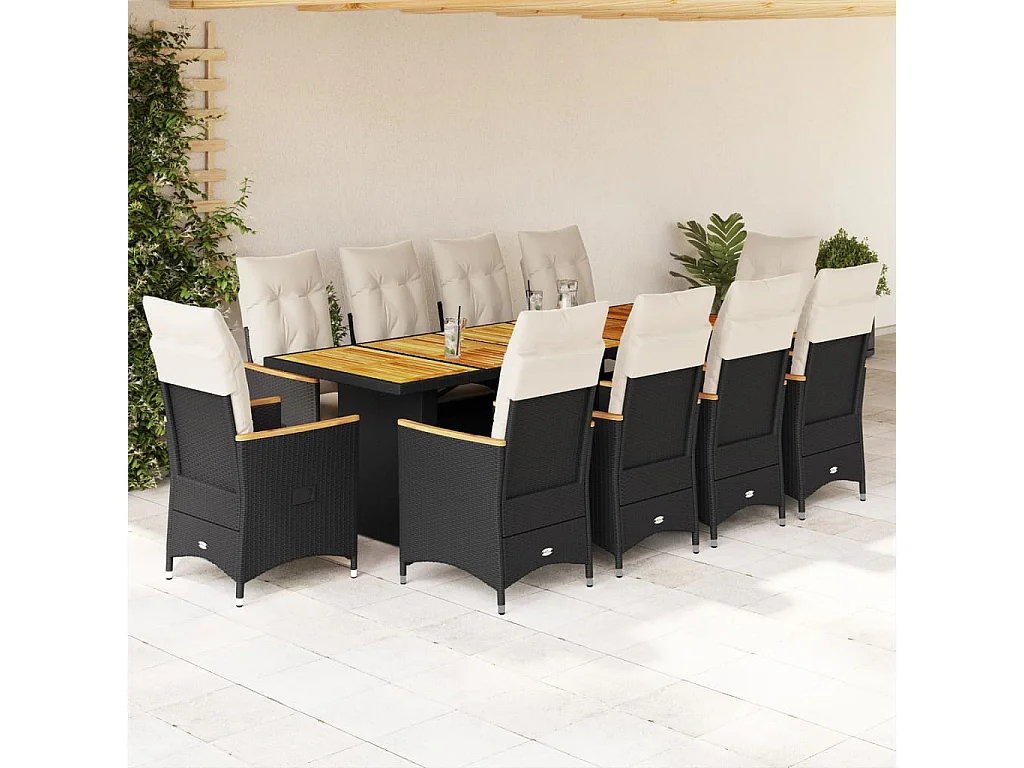 11-delige Bistroset met kussens poly rattan zwart
