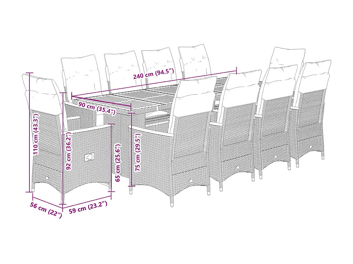 11-delige Bistroset met kussens poly rattan zwart