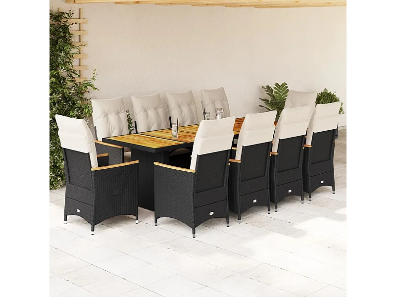 11-delige Bistroset met kussens poly rattan zwart