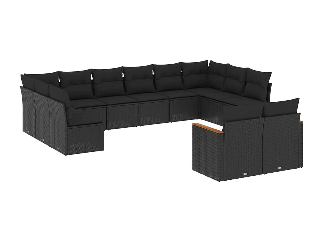 12 pcs conjunto de sofás de jardim c/ almofadões vime PE preto