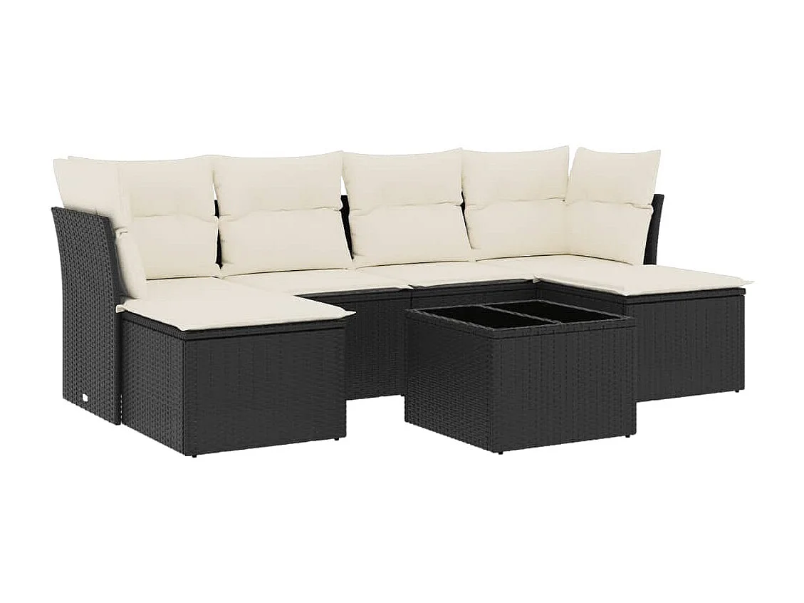 7 pcs conjunto de sofás p/ jardim c/ almofadões vime PE preto