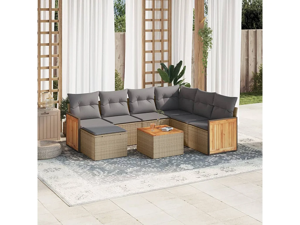 Salon de jardin avec coussins 8 pcs beige résine tressée