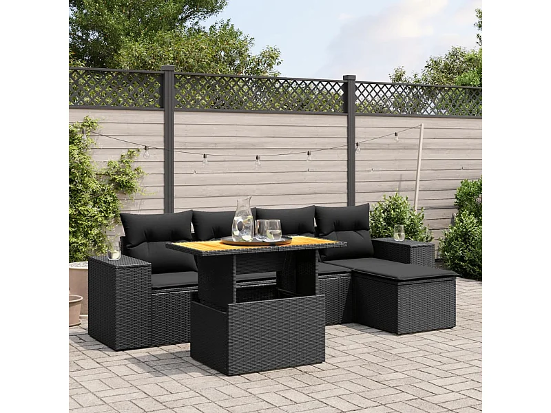 Salon de jardin 6 pcs avec coussins noir résine tressée