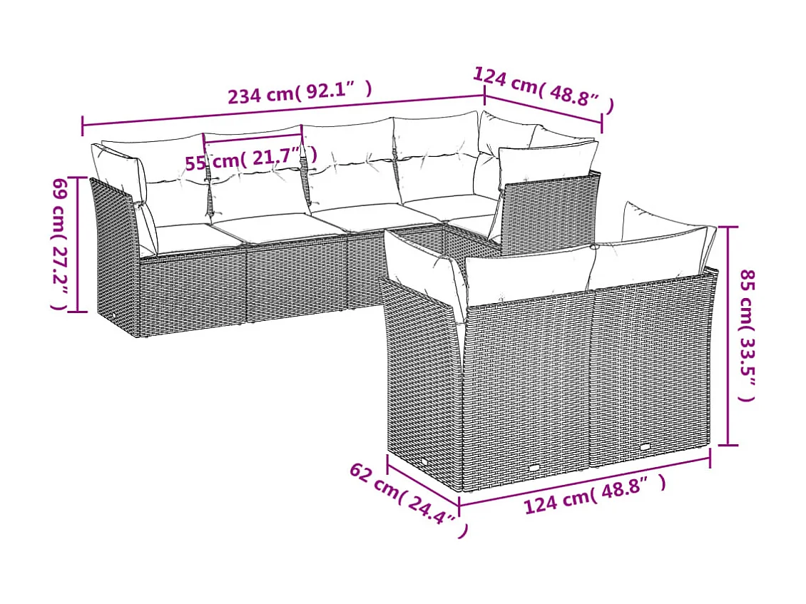 Set de comedor de jardín 7 pzas y cojines ratán sintético negro