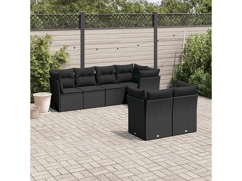 7 pcs conjunto de sofás p/ jardim c/ almofadões vime PE preto