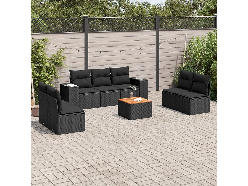 8-delige Loungeset met kussens poly rattan zwart