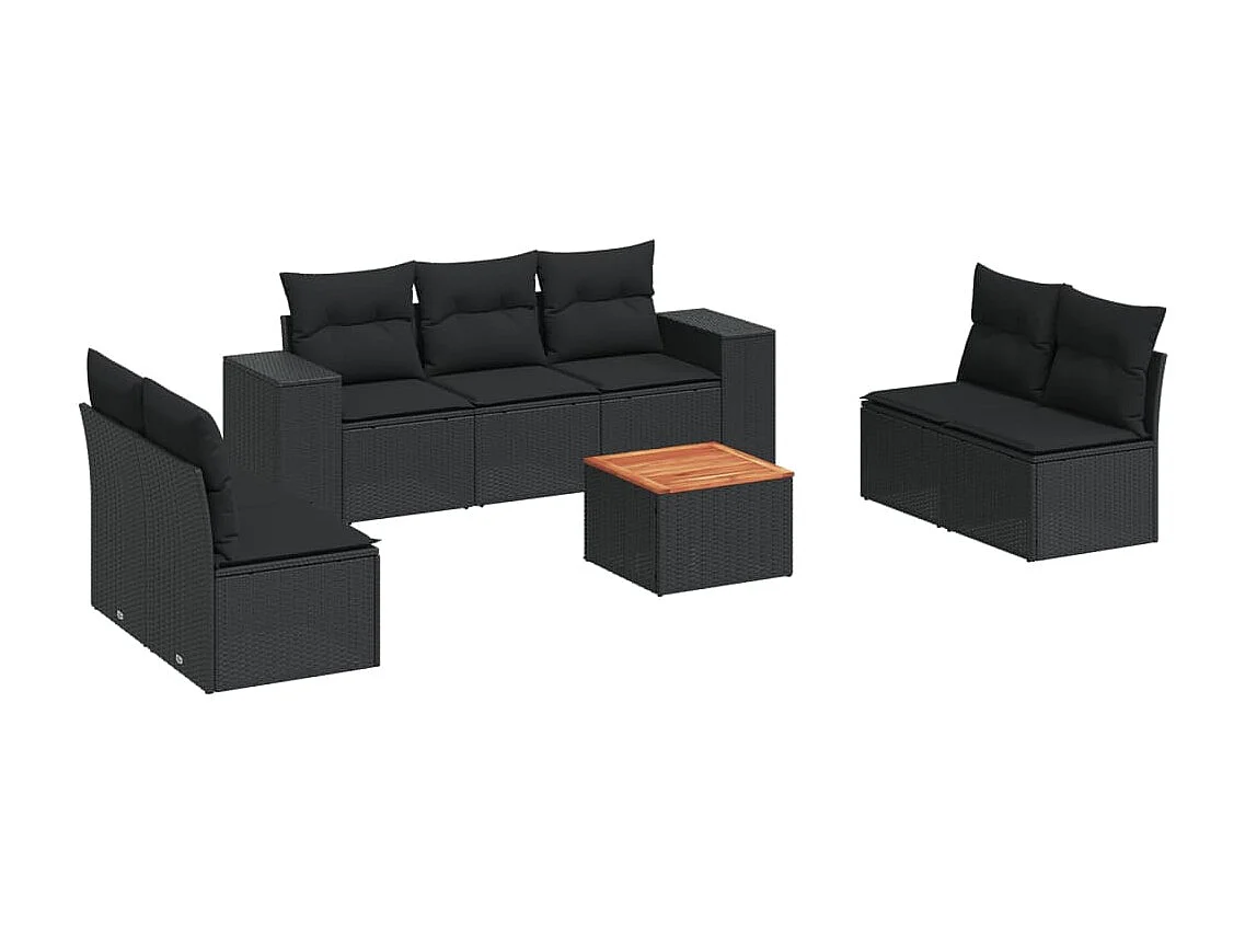 8-delige Loungeset met kussens poly rattan zwart