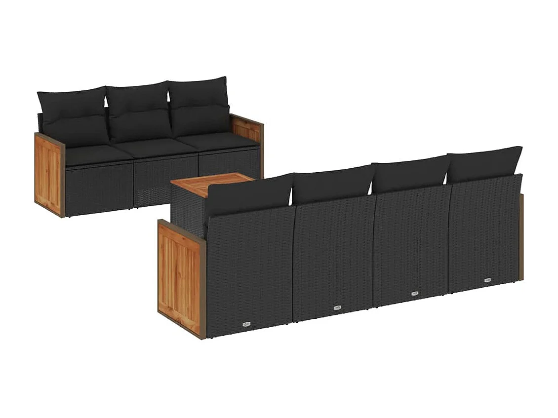 8-delige Loungeset met kussens poly rattan zwart