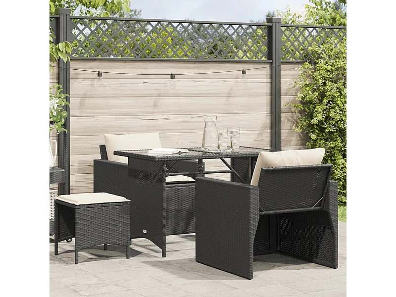 Salon de jardin 4 pcs avec coussins noir résine tressée