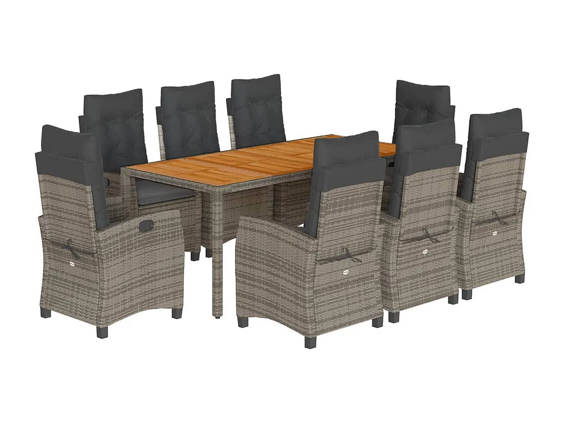 9 pcs conjunto de jantar p/ jardim c/ almofadões vime PE cinza