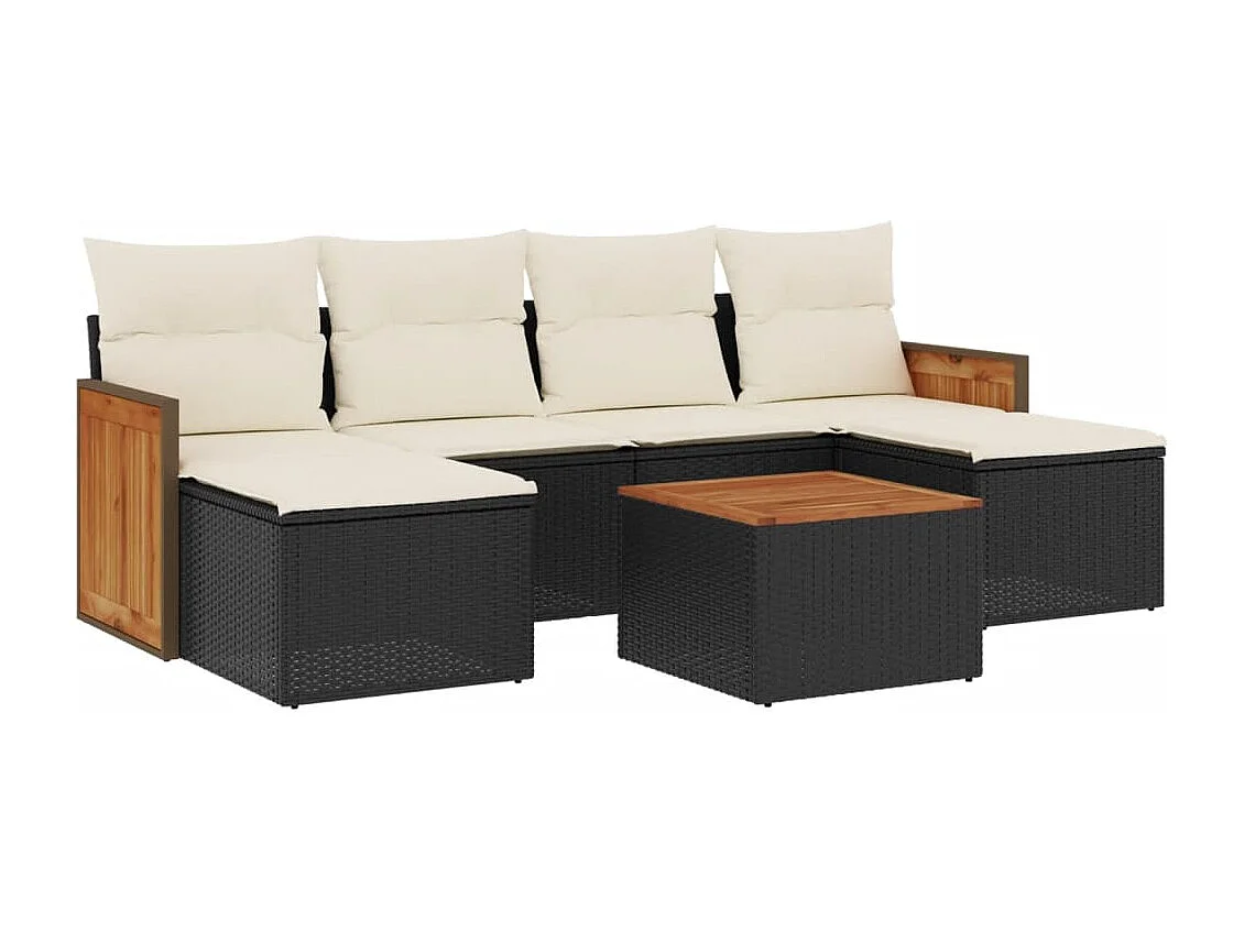 7-delige Loungeset met kussens poly rattan zwart