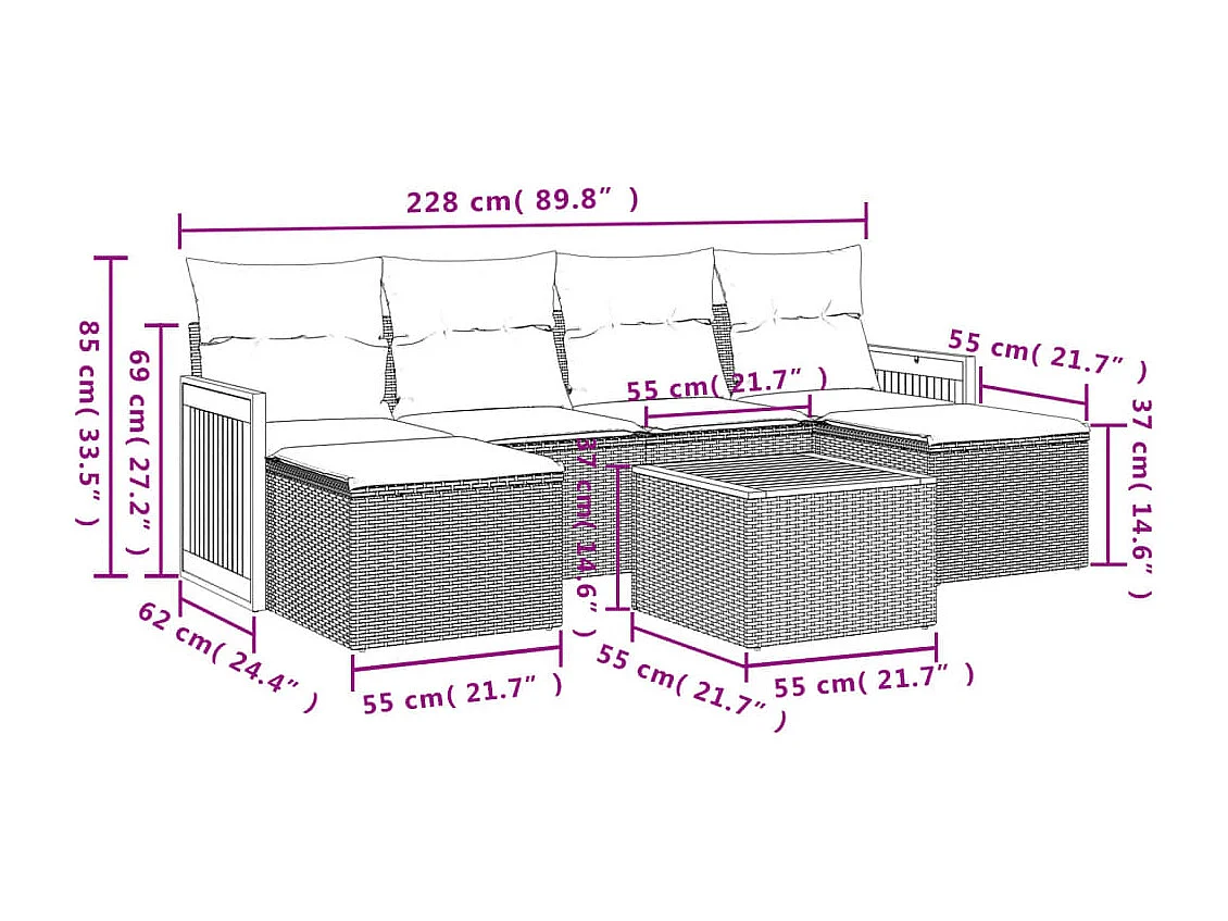 7-delige Loungeset met kussens poly rattan zwart