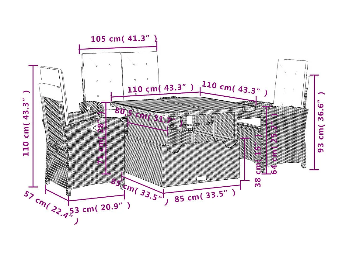 Ensemble à manger jardin 4pcs et coussins Gris Résine tressée