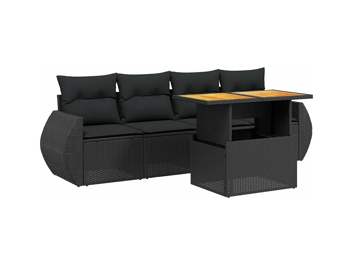 5-tlg. Garten-Sofagarnitur mit Kissen Schwarz Poly Rattan