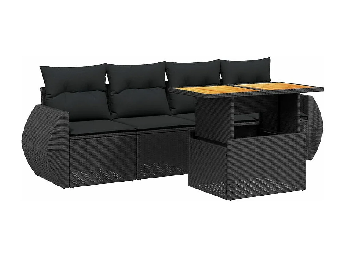 Salon de jardin 5 pcs avec coussins noir résine tressée