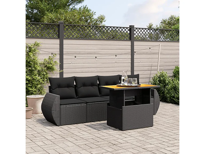 Salon de jardin 5 pcs avec coussins noir résine tressée