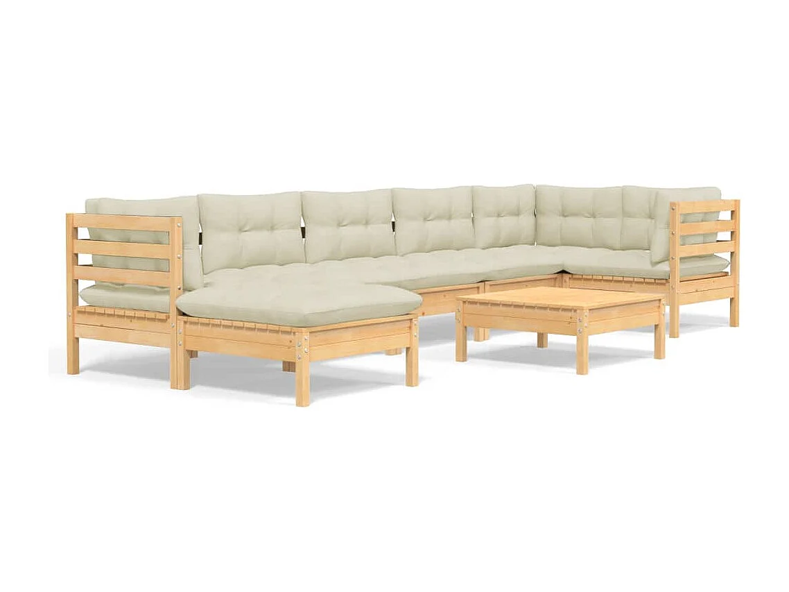 8 pcs conjunto lounge jardim c/ almofadões creme pinho maciço