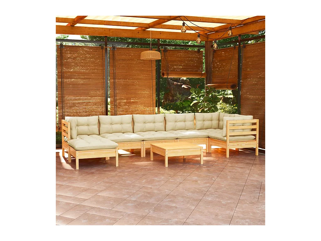 Salon de jardin 8 pcs avec coussins crème Bois de pin massif