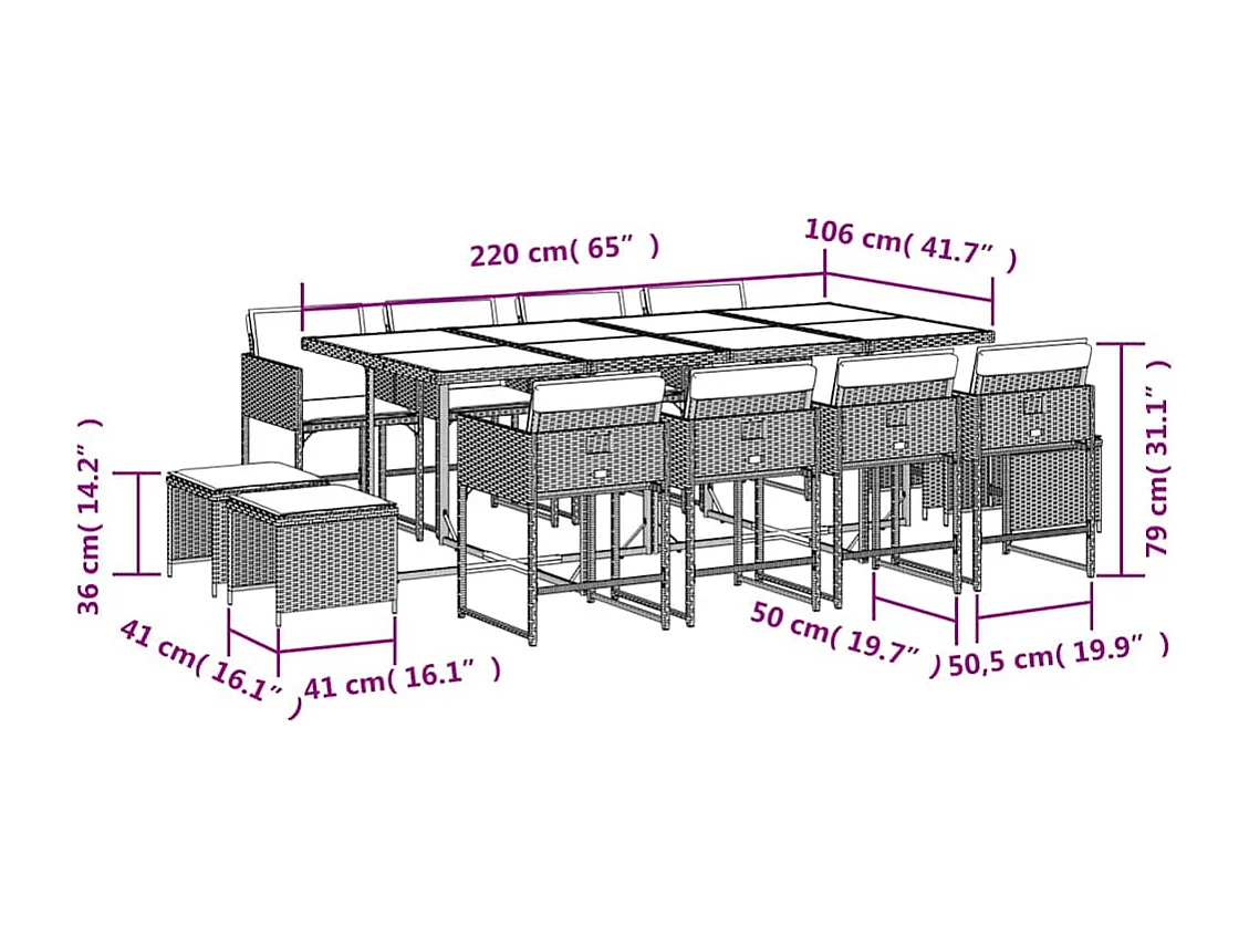 Ensemble à manger de jardin avec coussins 13 pcs marron rotin