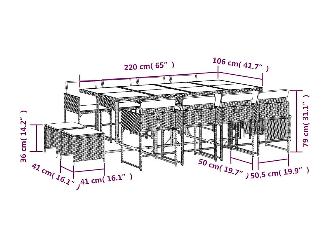 Ensemble à manger de jardin avec coussins 13 pcs marron rotin