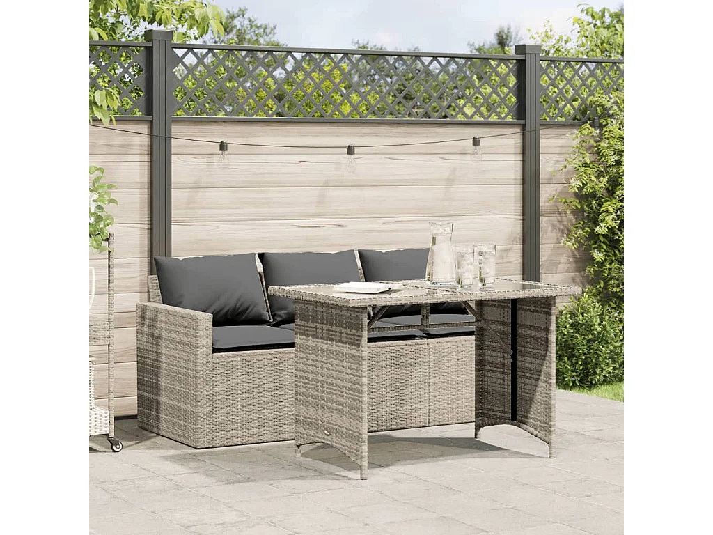 2 pcs conjunto jantar p/jardim c/almofadões vime PE cinza-claro