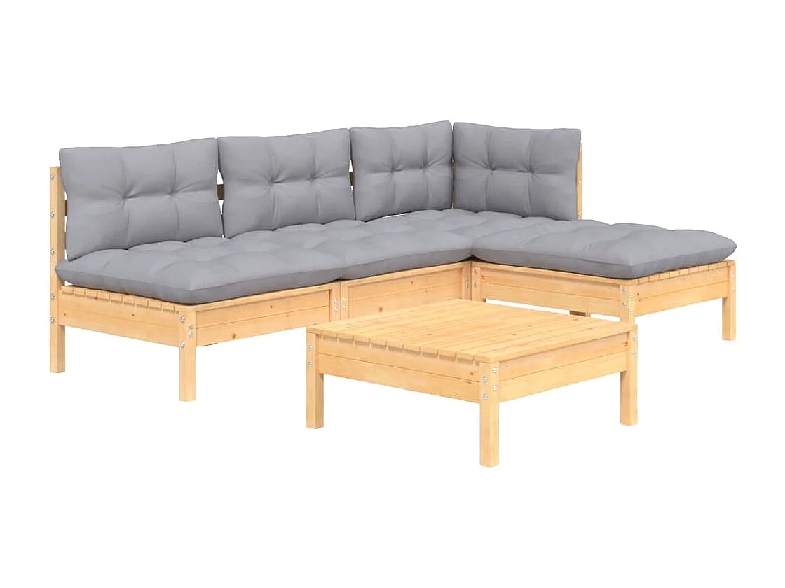 Salon de jardin 5 pcs avec coussins gris bois de pin