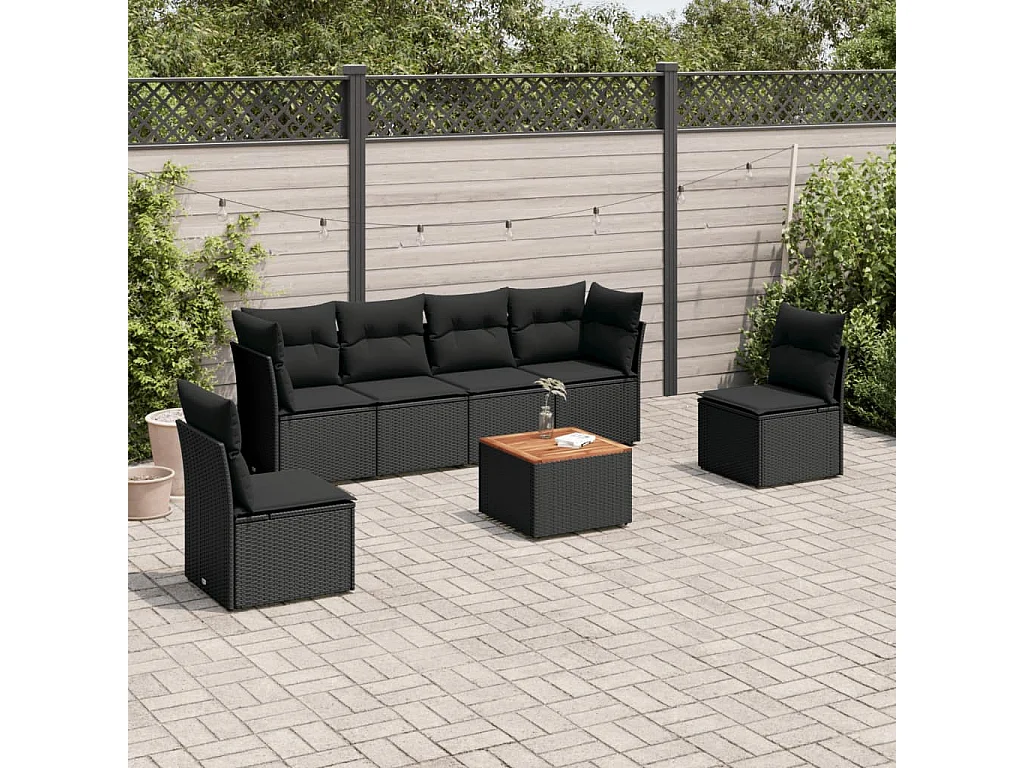 7-tlg. Garten-Sofagarnitur mit Kissen Schwarz Poly Rattan