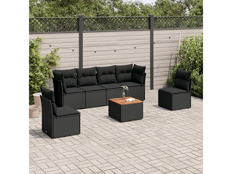 7-tlg. Garten-Sofagarnitur mit Kissen Schwarz Poly Rattan