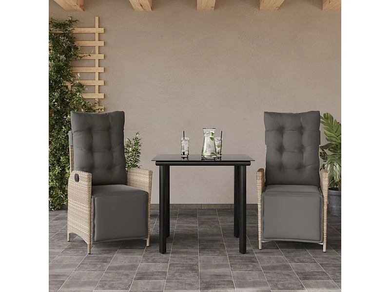 Set comedor de jardín 3 pzas cojines ratán sintético gris claro