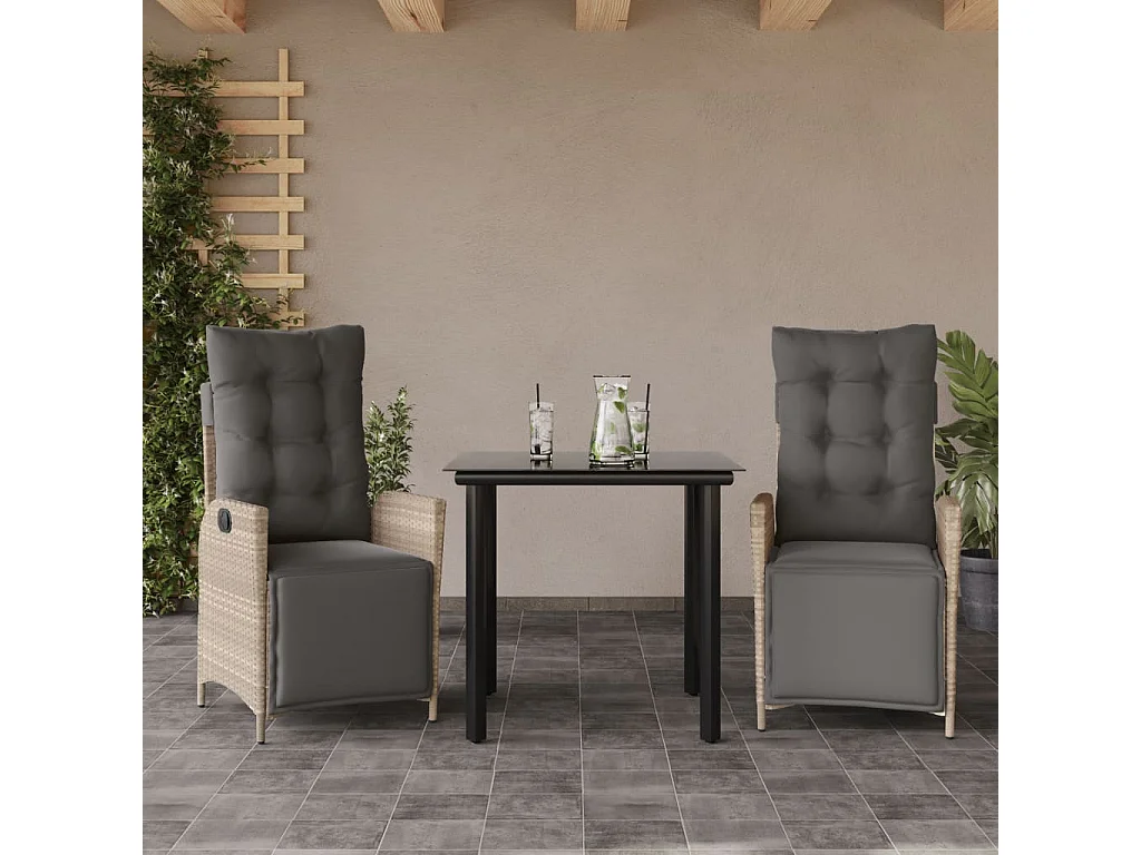 Set comedor de jardín 3 pzas cojines ratán sintético gris claro