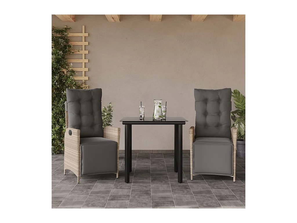 Ensemble à manger de jardin 3pcs coussins gris clair poly rotin