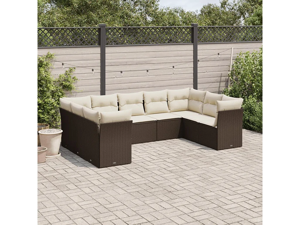 Set de sofás de jardín 9 pzas y cojines ratán sintético marrón