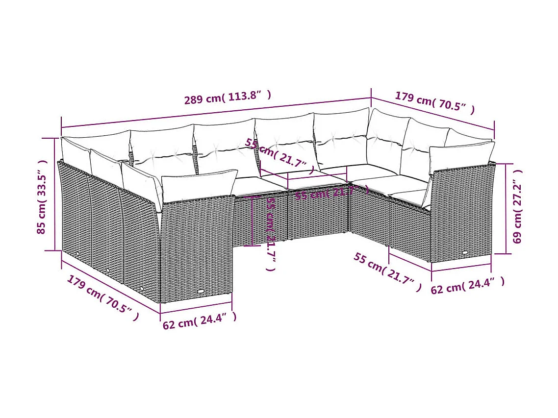 Set de sofás de jardín 9 pzas y cojines ratán sintético marrón