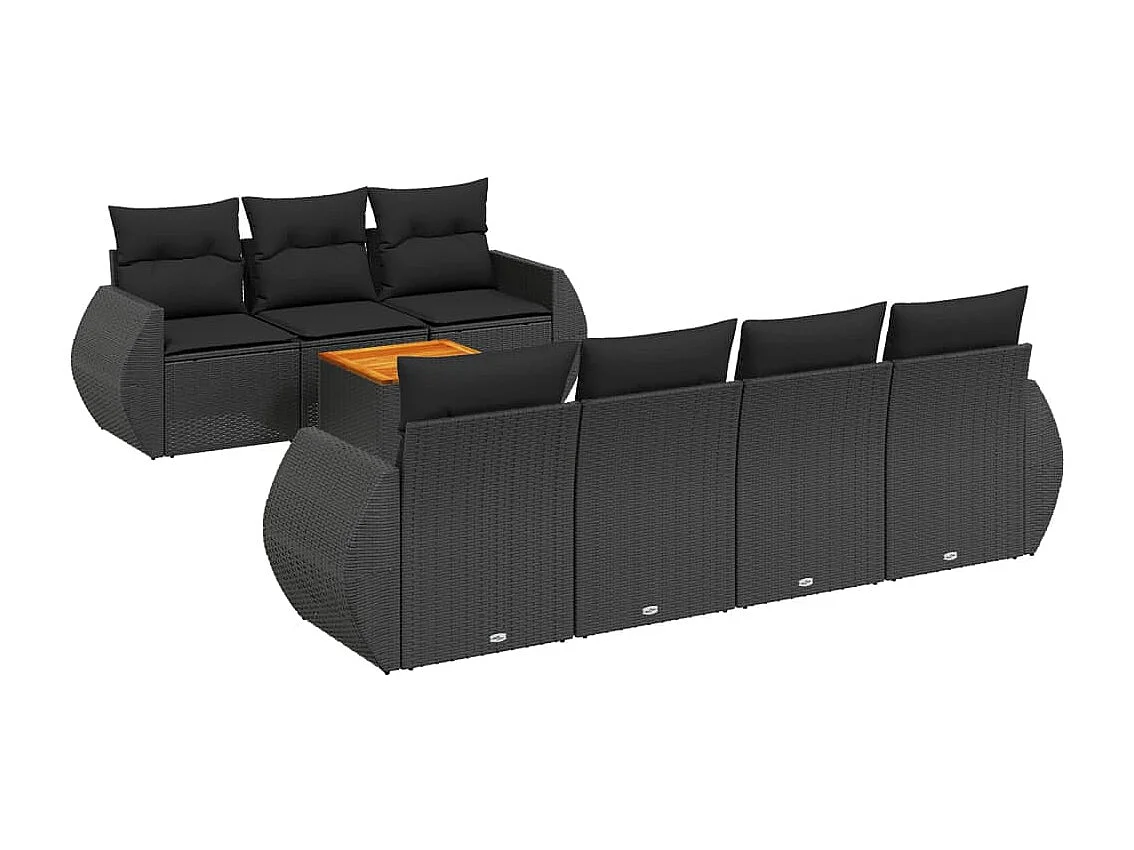 8-delige Loungeset met kussens poly rattan zwart