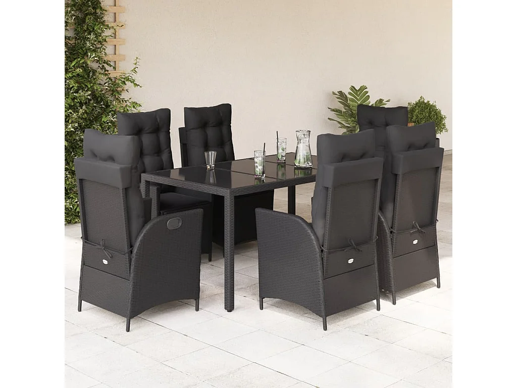 Ensemble à manger de jardin coussins 7pcs Noir Résine tressée