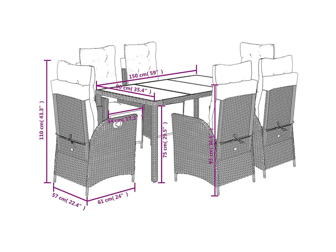 Ensemble à manger de jardin coussins 7pcs Noir Résine tressée