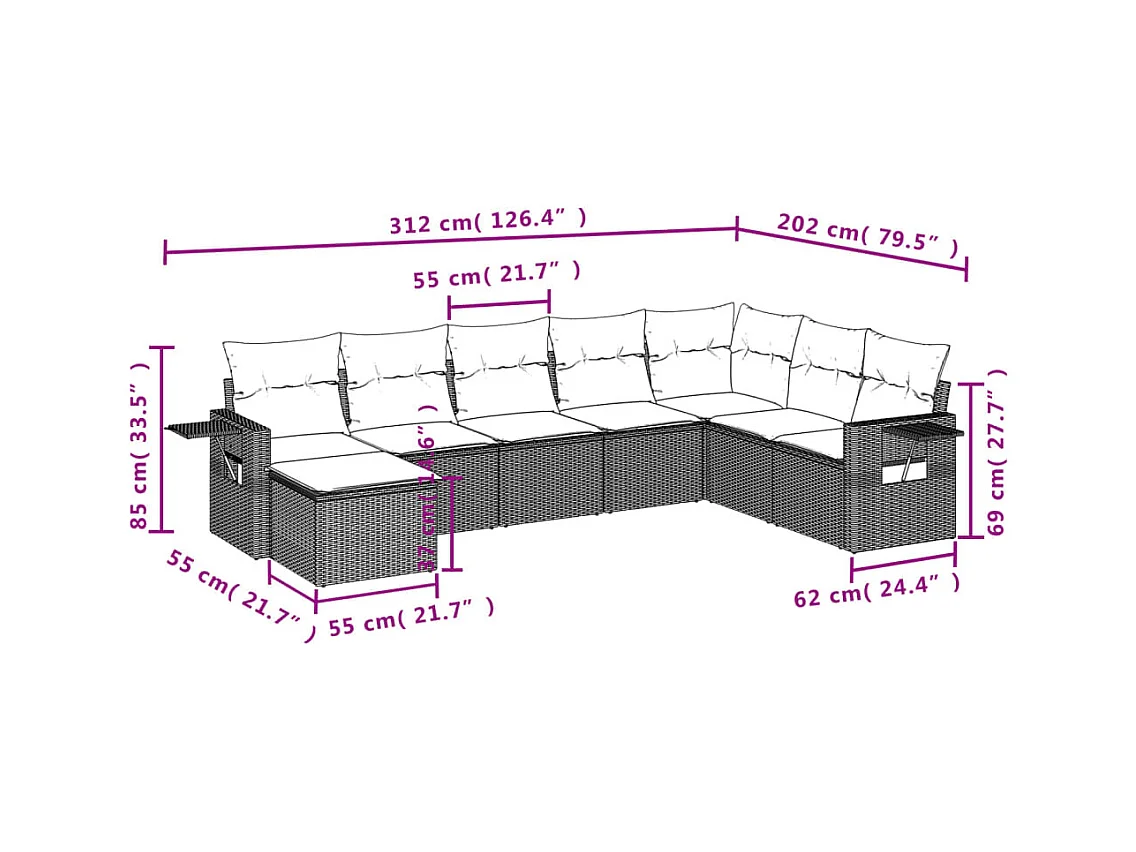 8-tlg. Garten-Sofagarnitur mit Kissen Braun Poly Rattan