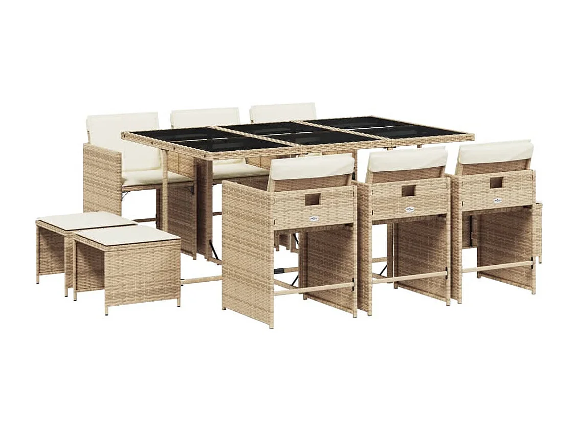 Ensemble à manger de jardin et coussins 11 pcs beige poly rotin