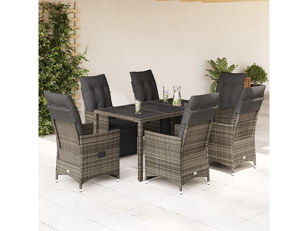 Ensemble de bistro de jardin 7 pcs coussins gris poly rotin