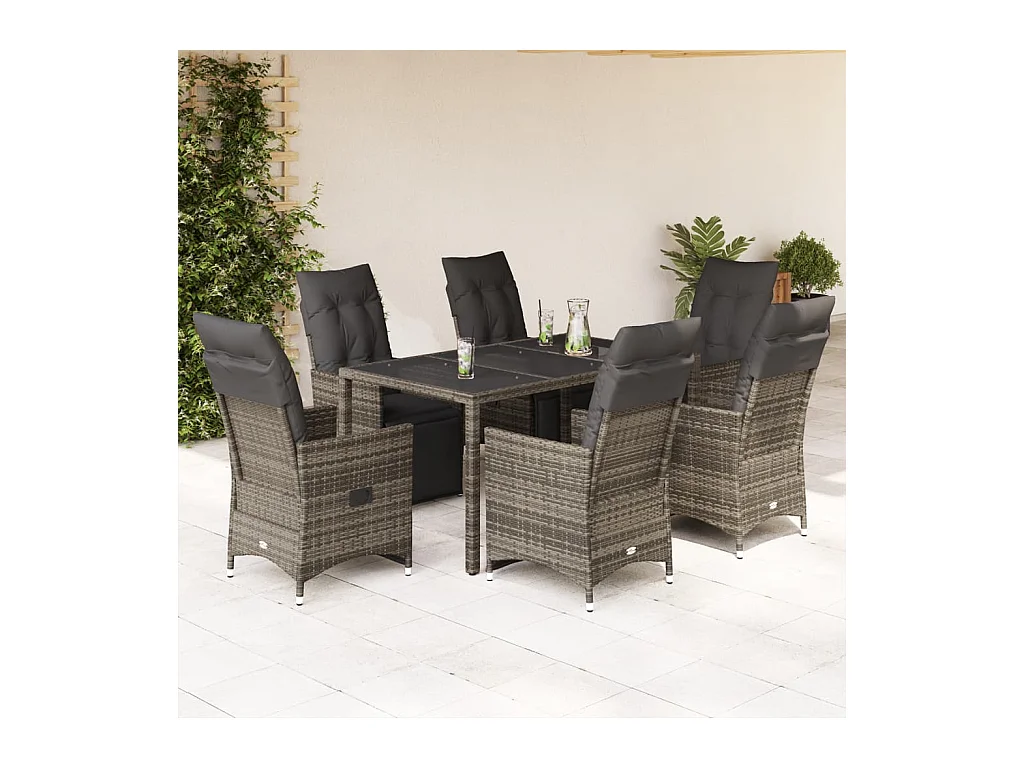 Ensemble de bistro de jardin 7 pcs coussins gris poly rotin