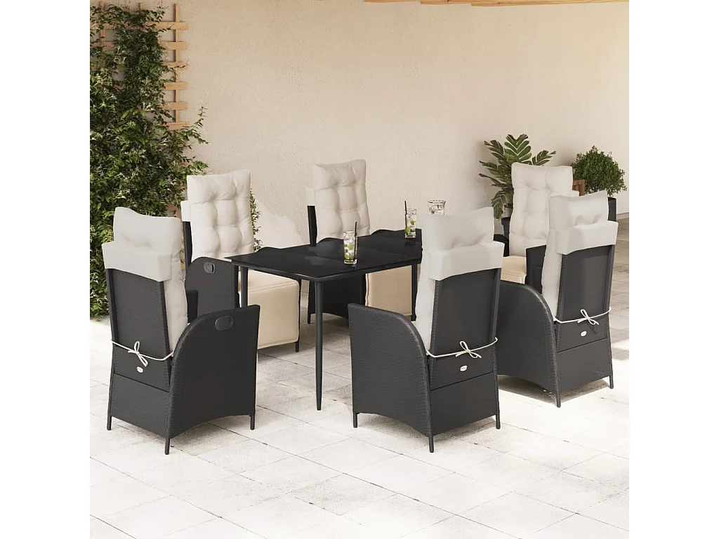 Ensemble à manger de jardin coussins 7pcs Noir Résine tressée