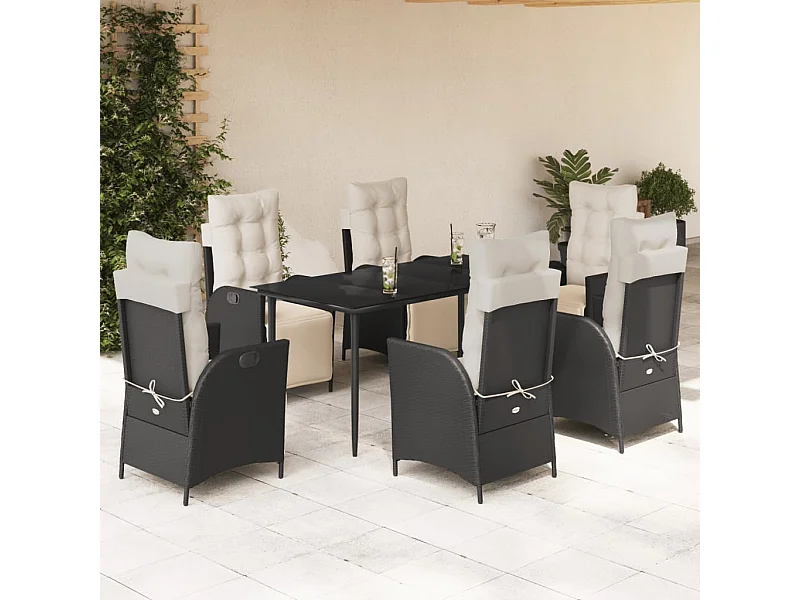 Set da Pranzo da Giardino 7 pz Nero con Cuscini in Polyrattan