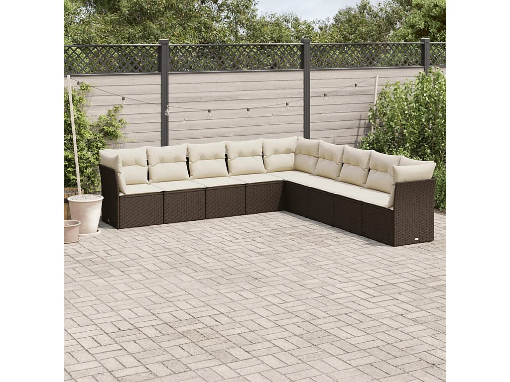 Salon de jardin avec coussins 9 pcs marron résine tressée