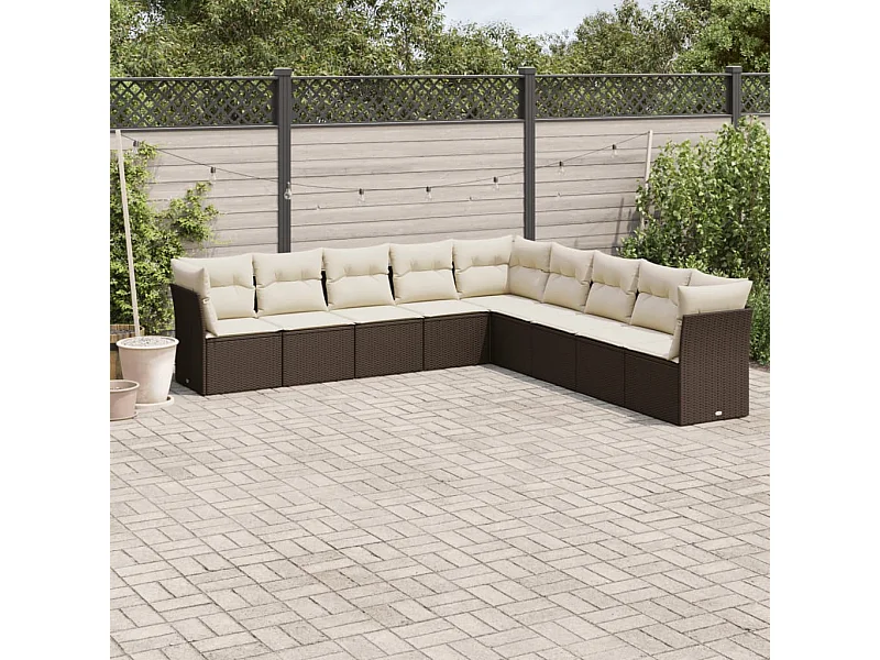 Salon de jardin avec coussins 9 pcs marron résine tressée
