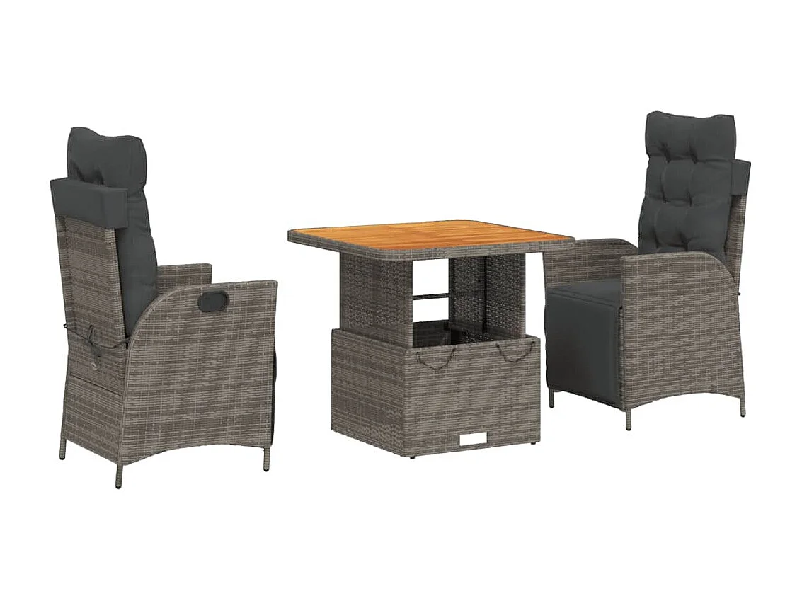 Set da Pranzo da Giardino 3 pz con Cuscini in Polyrattan Grigio