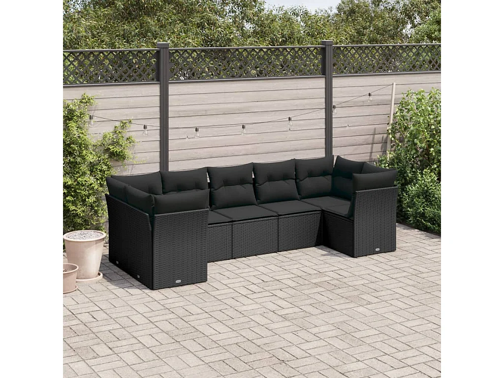 Salon de jardin 7 pcs avec coussins noir résine tressée