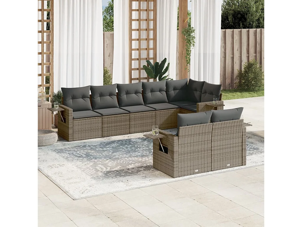 8-delige Loungeset met kussens poly rattan grijs