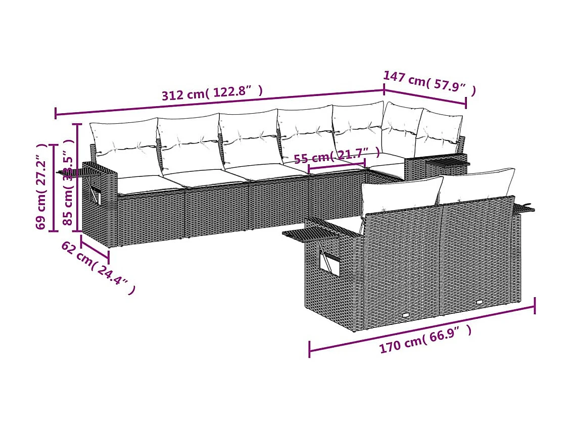8-delige Loungeset met kussens poly rattan grijs