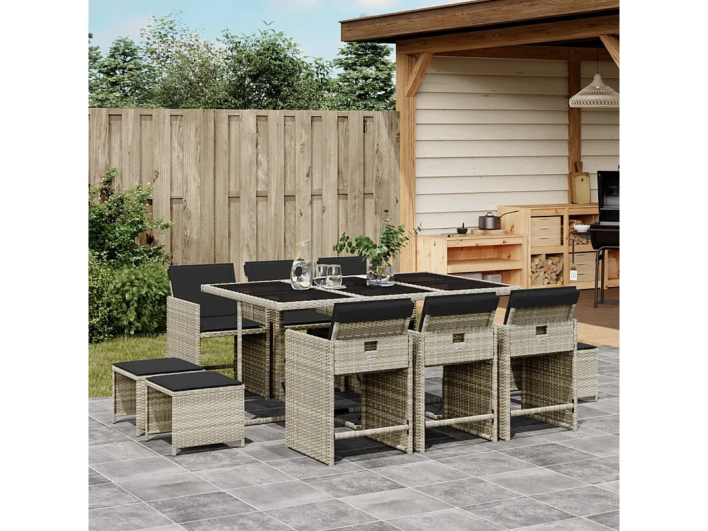 Set Pranzo Giardino 11pz con Cuscini Grigio Chiaro Polyrattan